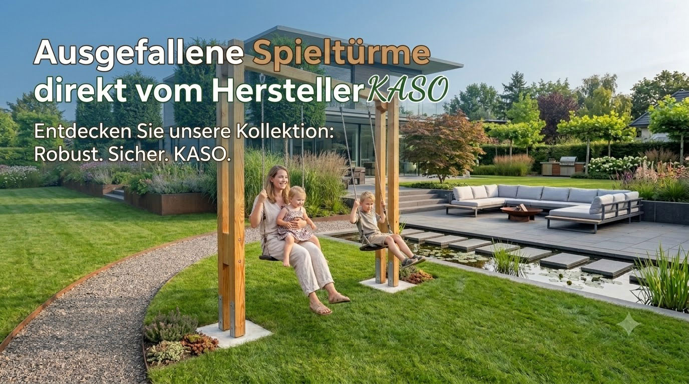 Mutter mit zwei Kindern auf einer massiven Holzdoppelschaukel im modernen Garten von KASO Spieltürme
