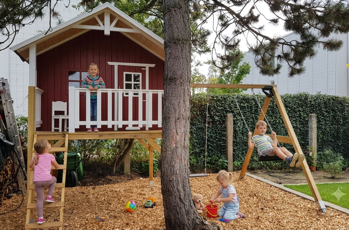 Kinder spielend am Stelzenhaus Jonas XXL mit Schaukel im Garten