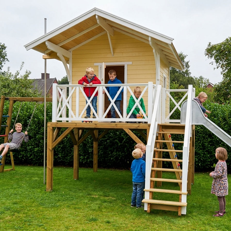 KASO Stelzenhaus Swenson XXL aus Holz im Garten mit Rutsche, Treppe, Veranda und Schaukel
