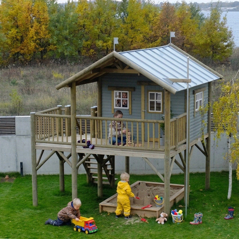 Rundstamm Stelzenhaus Hansson XXL-A2 von KASO im Garten mit spielenden Kindern, integriertem Sandkasten unter dem Haus und einer Veranda im Herbst.