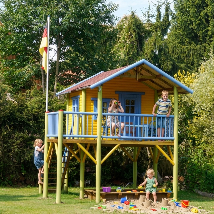 Rundstamm Stelzenhaus Hansson XXL-A3 von KASO aus Holz mit Sandkasten, Veranda und spielenden Kindern im Garten