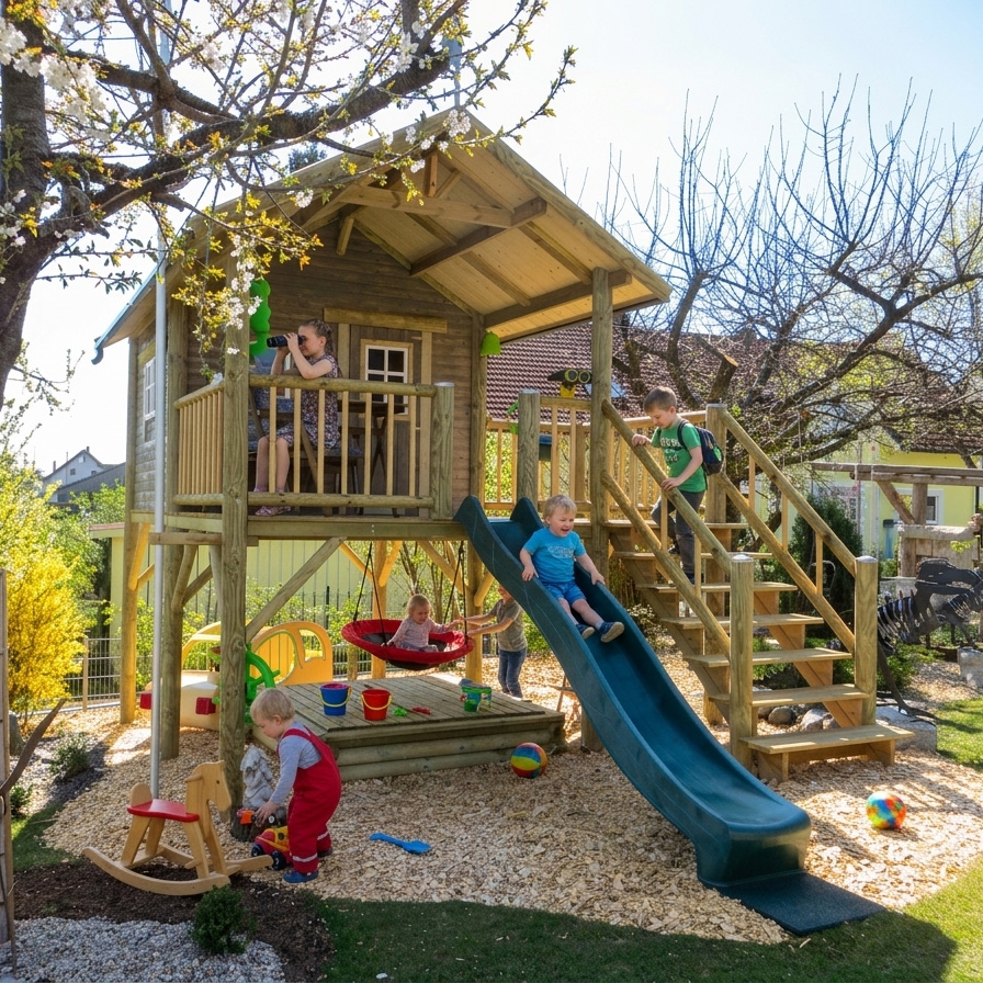 KASO Rundstamm Stelzenhaus Hansson XXL-A5 aus Holz im Garten mit Rutsche, Holztreppe, Veranda, Sandkasten und spielenden Kindern.