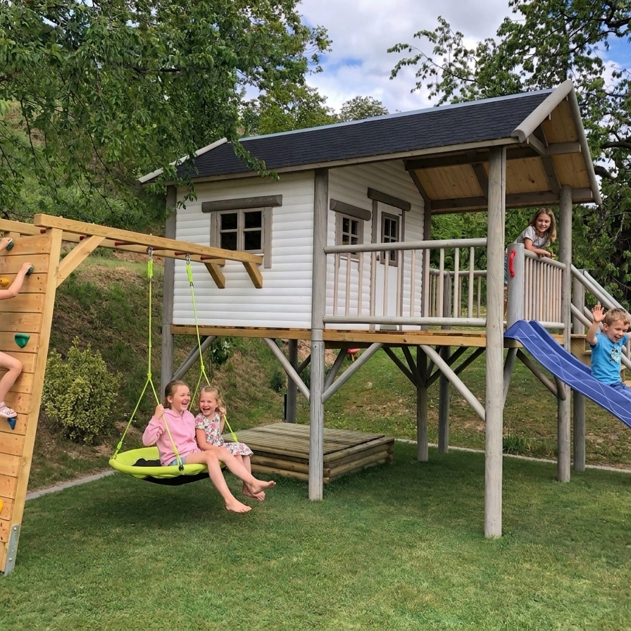 KASO Rundstamm-Stelzenhaus Hansson XXL-A6 aus Holz im Garten mit spielenden Kindern, Kletterwand, Nestschaukel, Rutsche und Sandkasten.