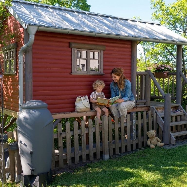 Rundstamm-Stelzenhaus Hansson XXL von KASO aus rotem Holz mit großer Veranda und Treppenpodest im Garten