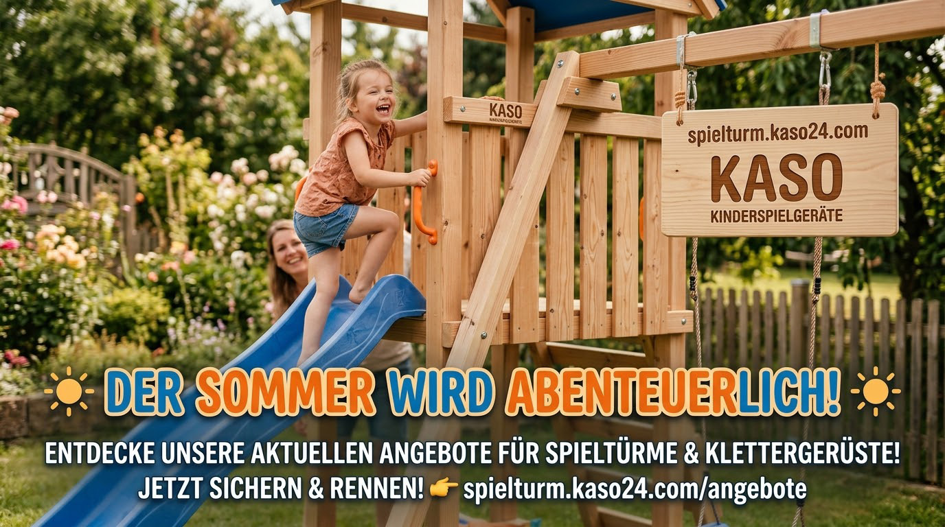 Ein fröhliches Kind klettert auf einen hölzernen KASO Spielturm mit blauer Rutsche im sonnigen Garten. Banner mit der Aufschrift: Aktuelle Angebote für Spieltürme & Klettergerüste.