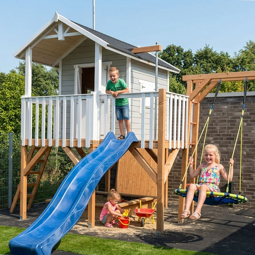 KASO Stelzenhaus Janson XL aus Holz mit blauer Wellenrutsche, Nestschaukel, Veranda und integriertem Sandkasten im Garten