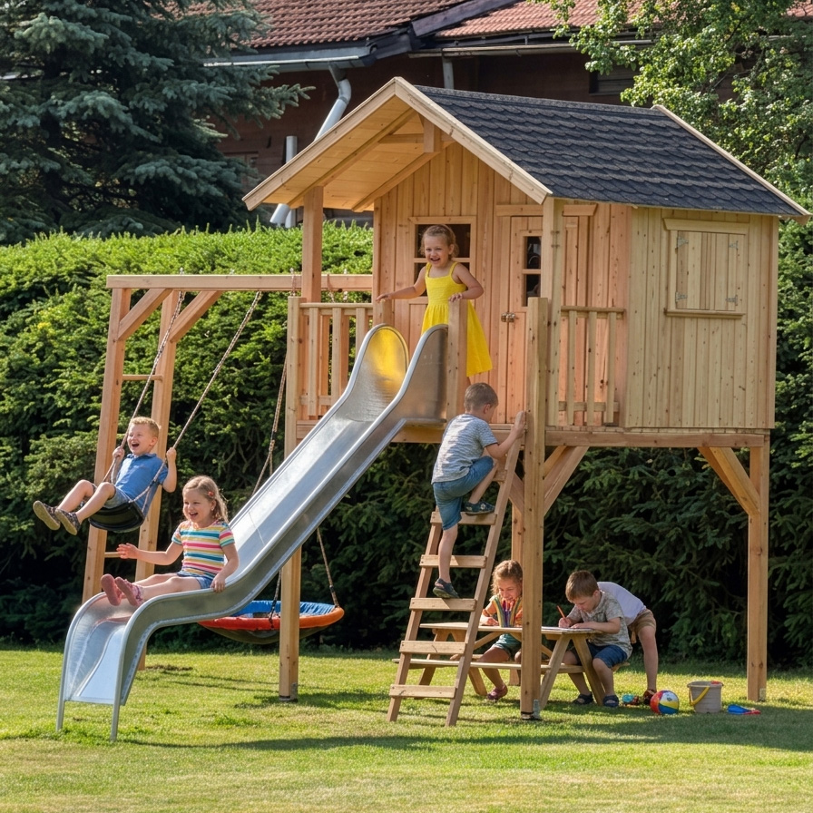 KASO Stelzenhaus Jonas XL aus Lärchenholz im Garten mit Rutsche, Anbauschaukel, Leiter, Picknicktisch und spielenden Kindern