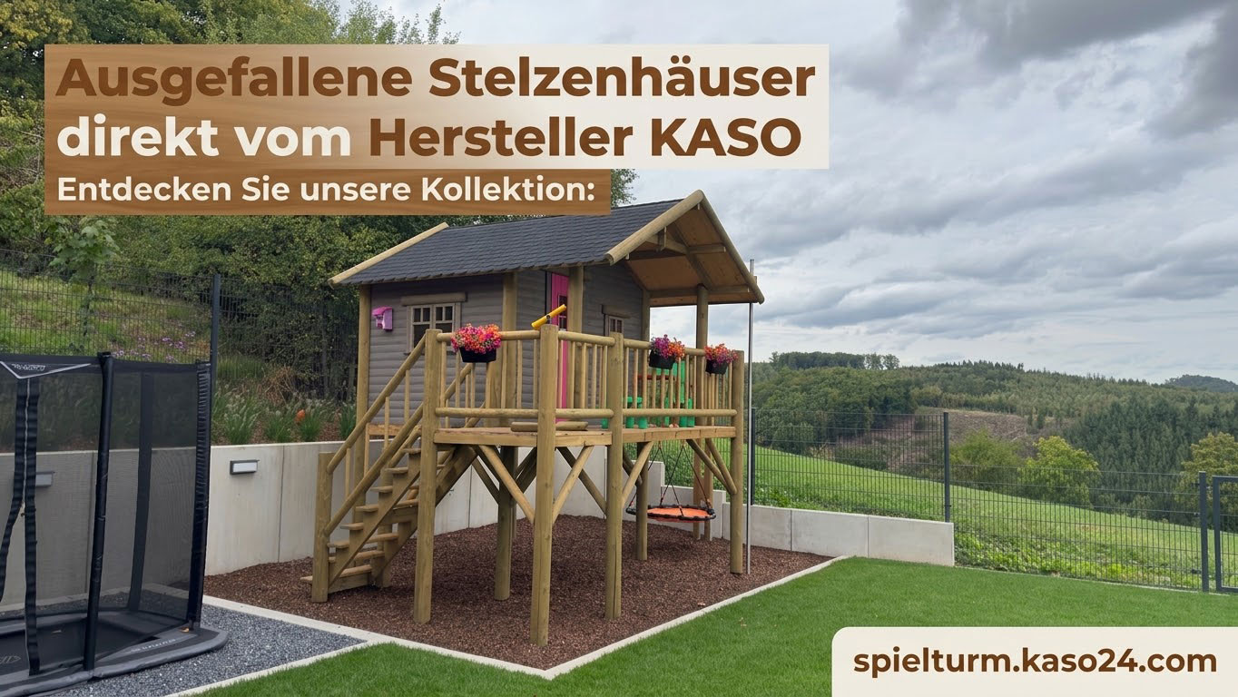 Ausgefallenes KASO Stelzenhaus aus Massivem Holz mit Veranda, Schaukel und Rutschstange im Garten aufgestellt