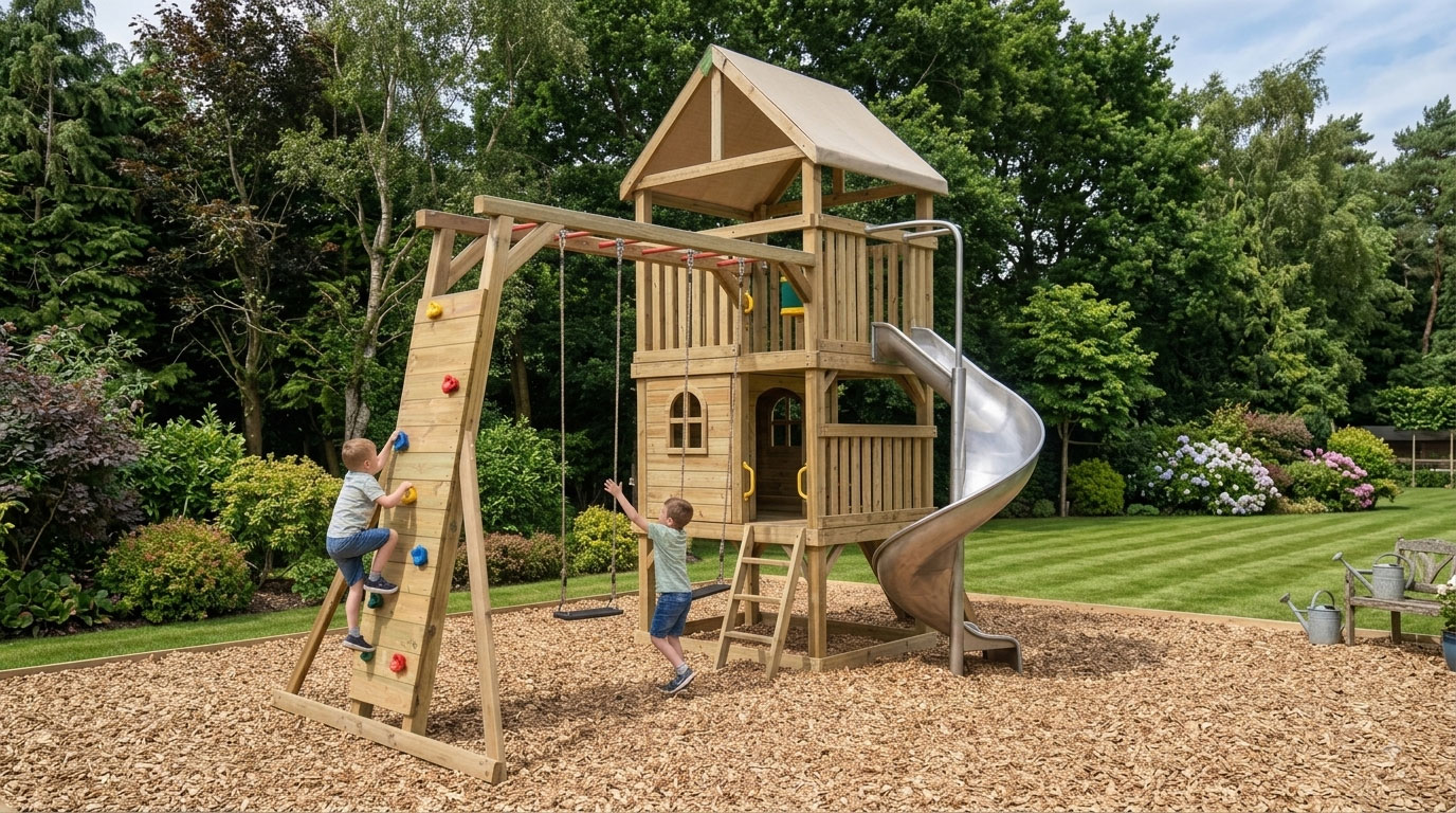 Landschaftsaufnahme der kompletten KASO Spielturmanlage mit dem integrierten Kletterwand-Schaukel-Anbau KS2-2, dem zentralen Turm mit Rutsche, zwei Jungen beim Spielen, auf Holzhackschnitzeln stehend, mit einem grünen Garten und Bäumen im Hintergrund.