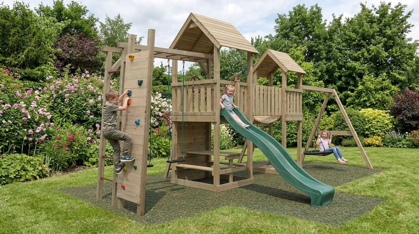 KASO Kletterwand-Schaukel-Anbau KS3-3 im Garten an Holz-Spielturm montiert mit kletternden und schaukelnden Kindern