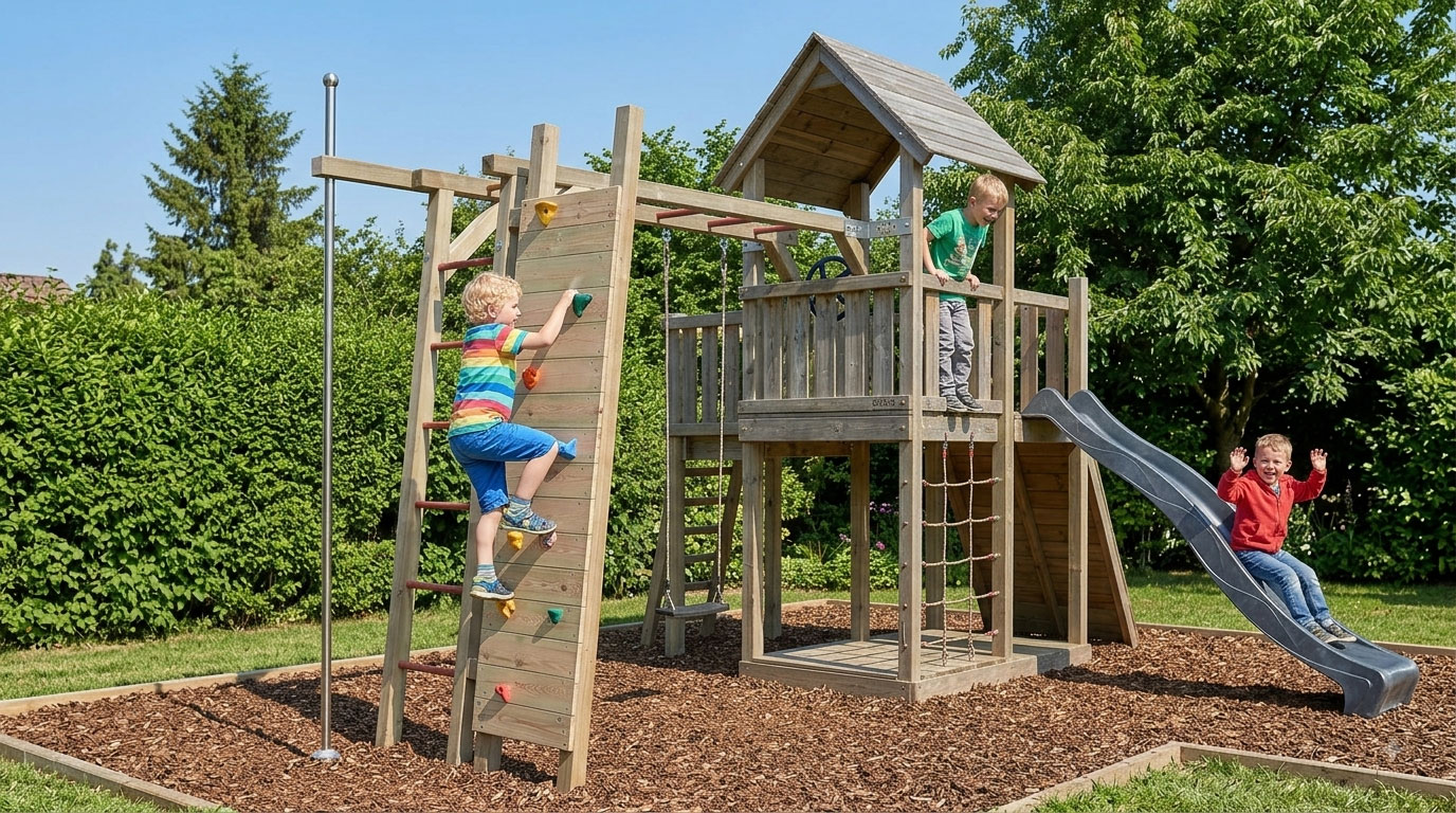 Kinder klettern und spielen am KASO Kletterwand-Schaukel-Anbau KS3-4 mit Spielturm und Rutsche