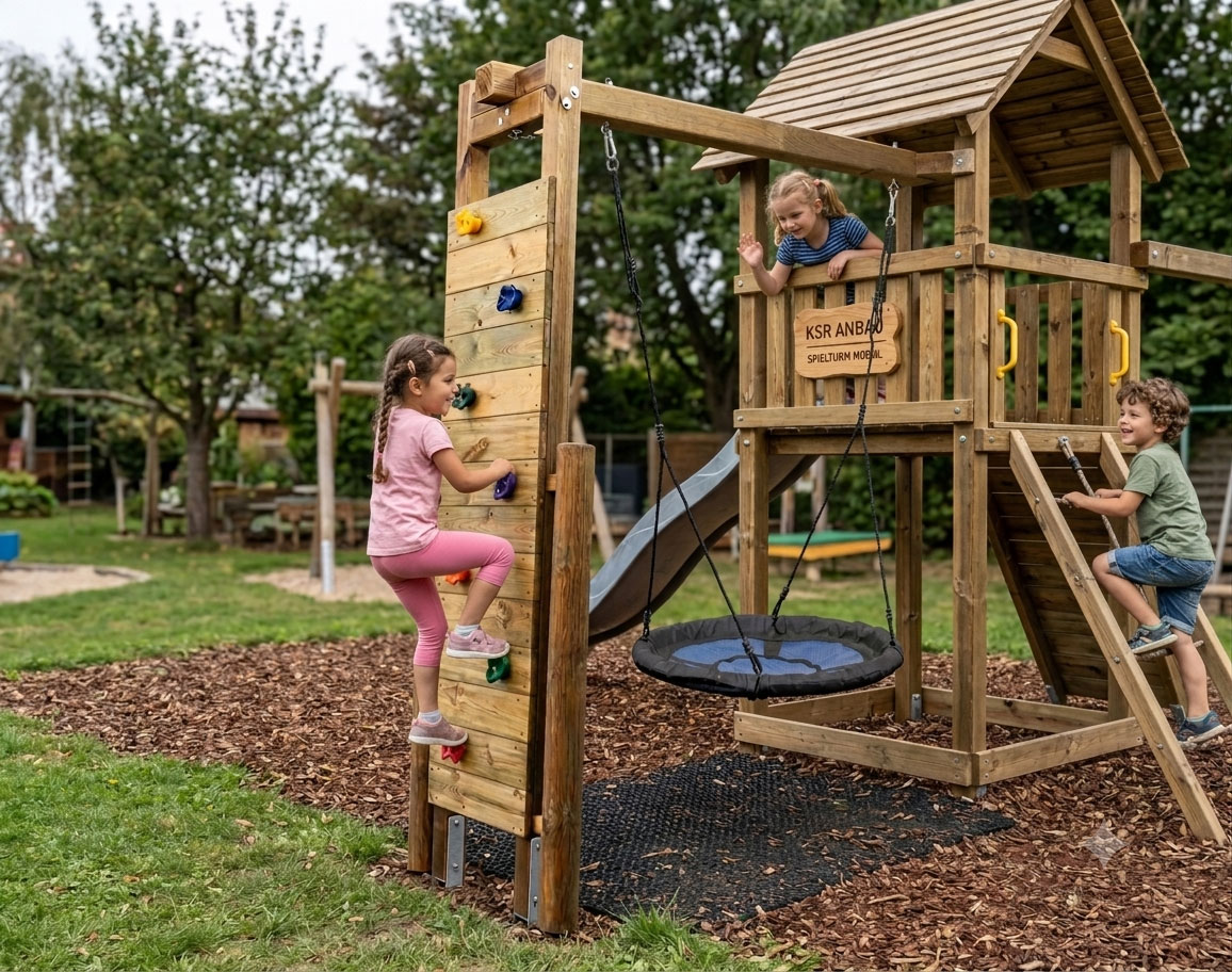 Kletterwand-Schaukel-Anbau KSR1-1 mit einer Tellerschaukel und spielenden Kindern an einem Spielturm im Garten