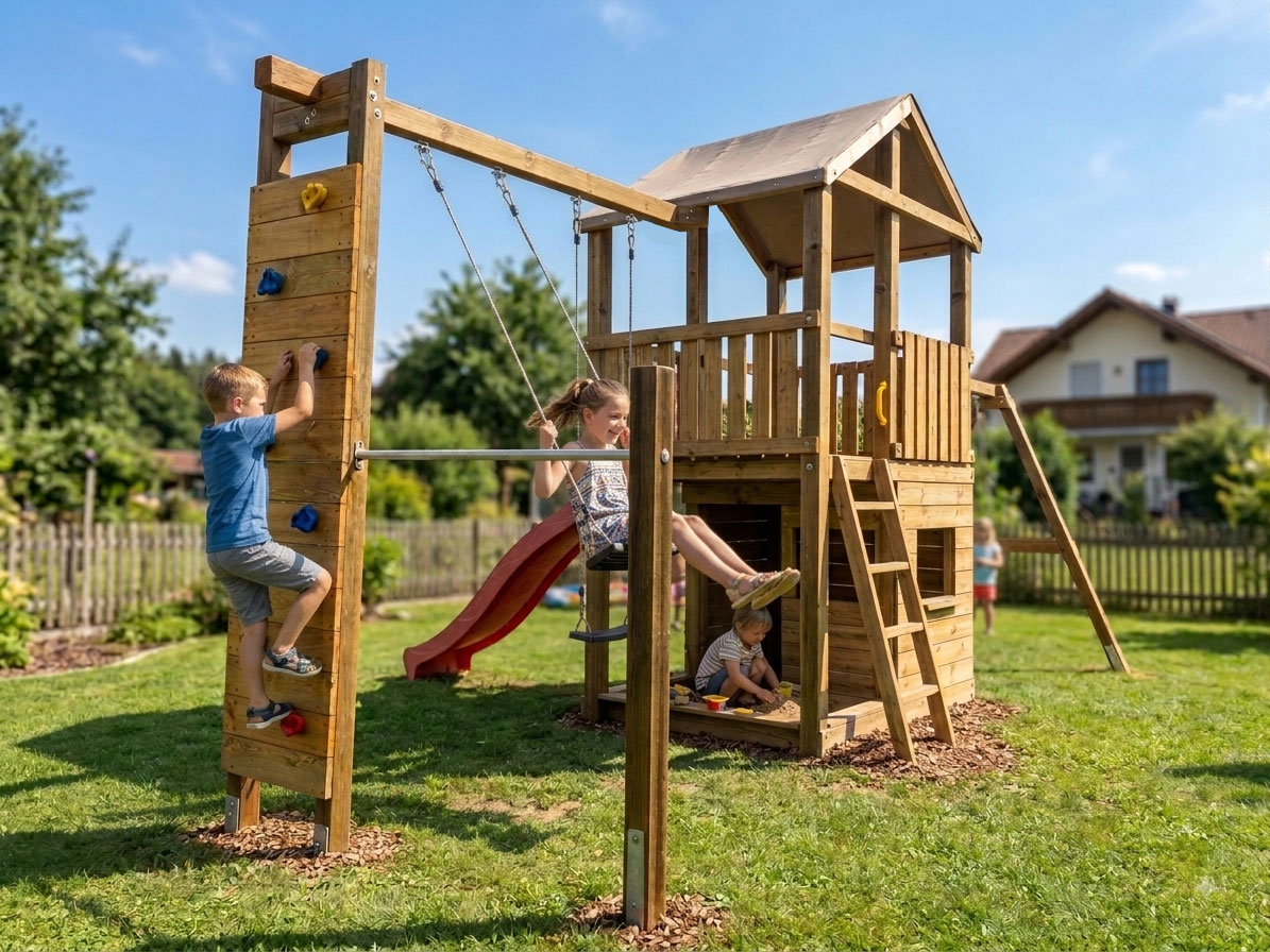 Kinder beim Klettern an der Kletterwand, Schaukeln und Spielen am KASO Anbau KSR1-2 im Garten