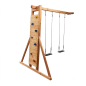 Preview: KASO Kletterwand-Schaukel-Anbau KS1-2 freigestellt mit Holz-Kletterwand, bunten Klettersteinen und Doppelschaukel