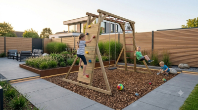 Kinder spielen am Spielturm Nils-1 mit Kletterwand und Schaukel im Garten