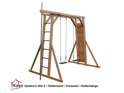 Spielturm Nils-2 aus Holz mit Kletterwand und Schaukel