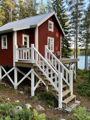 Holztreppe N80 mit weißem Geländer montiert an schwedenrotem Holzhaus am See