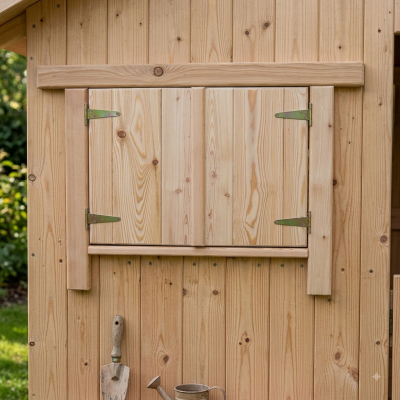 Klapp-Fenster FK2 passgenau eingesetzt in die Holzwand eines Kinder-Spielhauses