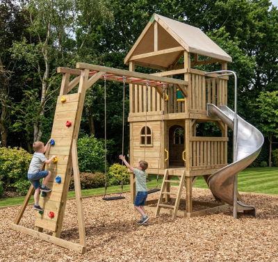 Fotografie eines großen, hölzernen Spielturms von KASO im Garten, an den der Kletterwand-Schaukel-Anbau KS2-2 links angebaut ist. Ein Kind klettert an der Wand, ein anderes steht bei den Schaukeln. Rechts ist eine Edelstahl-Wellrutsche zu sehen.