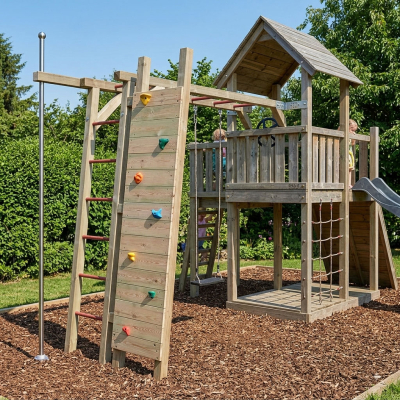 KASO Kletterwand-Schaukel-Anbau KS3-4 montiert an einem Holz-Spielturm im Garten