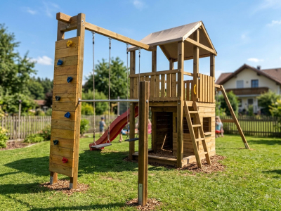 KASO Spielturm mit angebauter Kletterwand, Doppelschaukel und Reckstange KSR1-2 auf grünem Rasen im Garten