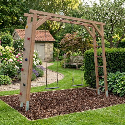 Spielturm Noha-1B-D Doppelschaukel mit Kletterwand Bild