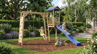 Kinder spielen am Kaso Spielturm Thor-3 mit Wellenrutsche und Doppelschaukel im Garten