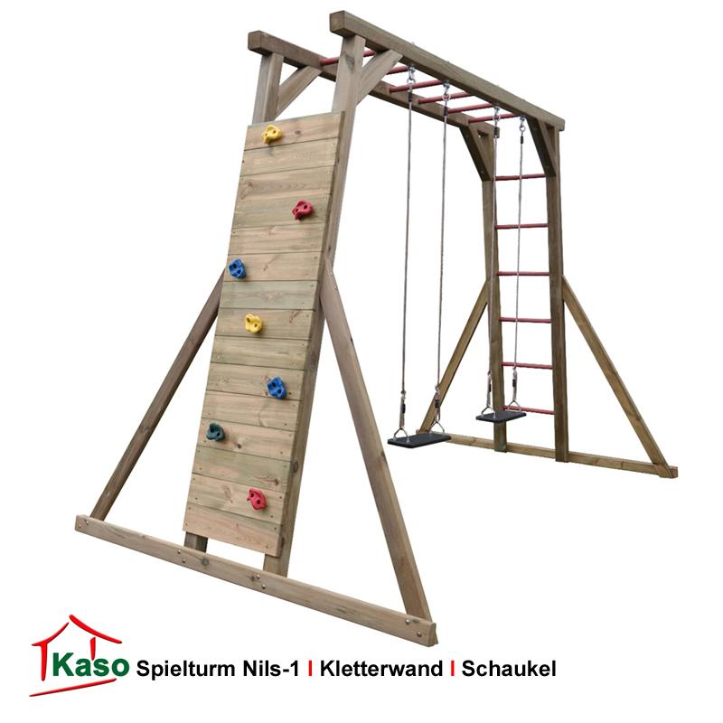 Spielturm-Nils-1 Holz Kletterwand Klettergriffe Schaukel Kinderschaukel