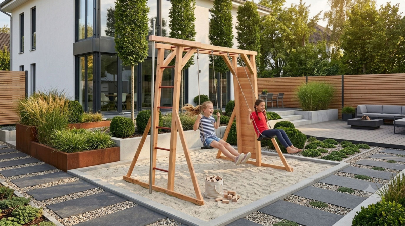 Spielturm Nils-2 aus Holz mit Kletterwand und Schaukel