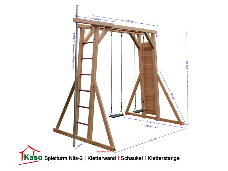 Spielturm Nils-2 aus Holz mit Kletterstange Rutschstange