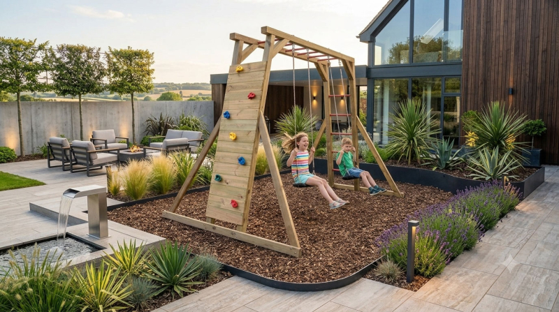 Spielturm Noha-1 Doppelschaukel mit Kinder