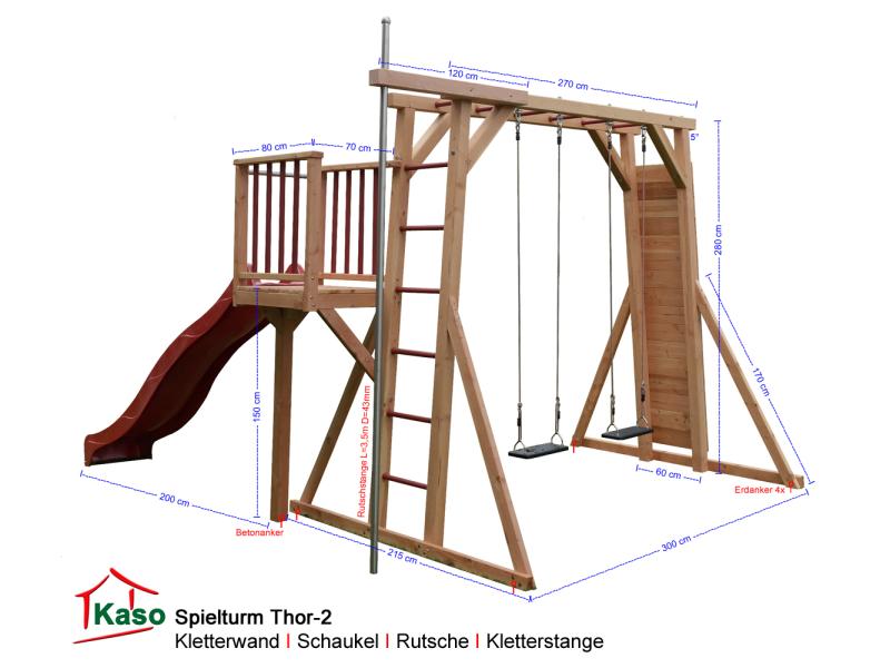 Spielturm Thor-2 aus Holz mit Podest Rutsche Kletterstange Kletterwand und Schaukel