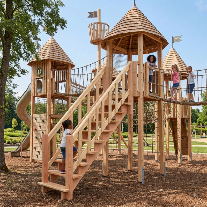 Anbau-Treppe N90 montiert an einem großen Holz-Spielturm mit spielenden Kindern