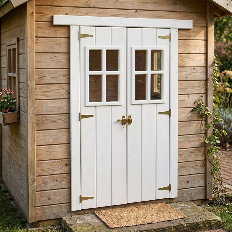 Weiße Doppel-Flügeltür DT1 mit Sprossenfenstern eingebaut in die Holzwand eines Kinderspielhauses