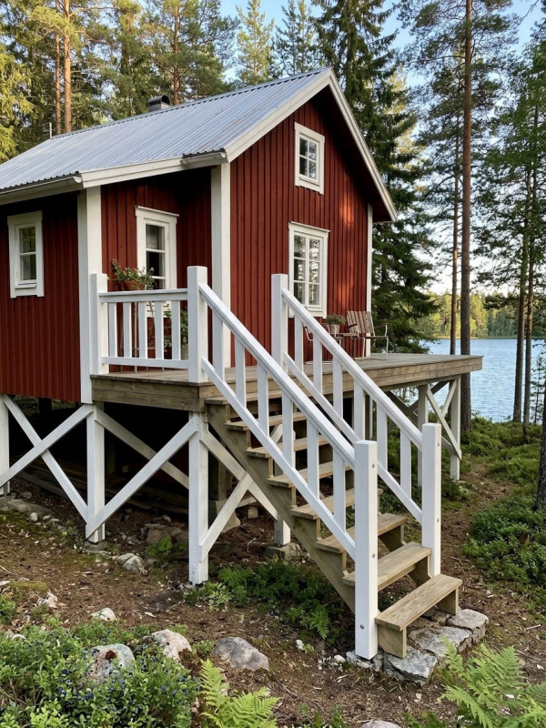 Holztreppe N80 mit weißem Geländer montiert an schwedenrotem Holzhaus am See
