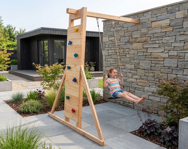 Kind schaukelt am KASO Kletterwand-Schaukel-Anbau KS1-1 im Garten an einer Natursteinmauer