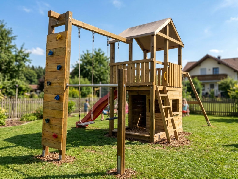KASO Spielturm mit angebauter Kletterwand, Doppelschaukel und Reckstange KSR1-2 auf grünem Rasen im Garten