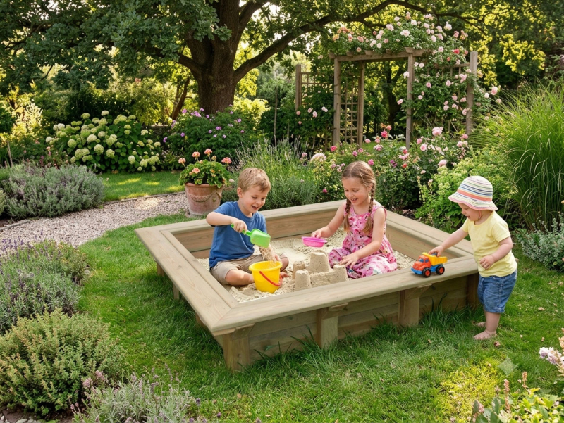 Kinder spielen im Holz-Sandkasten SK-1 mit Sitzumrandung im Garten