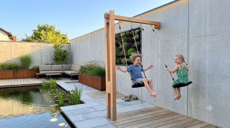 KASO Schaukel-Anbau Leon-2 aus Lärche oder Douglasie im modernen Garten mit zwei schaukelnden Kindern