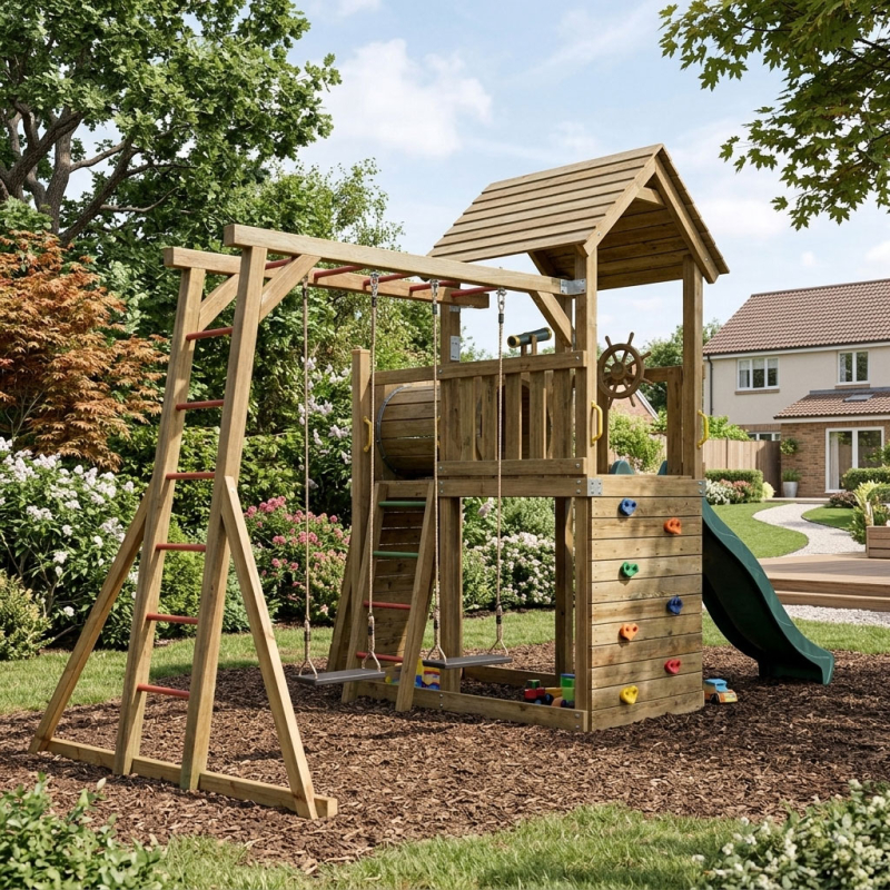 Detaillierte Produktansicht des KASO Schaukel-Kletter-Anbau SK2-2: Stabiles Holzgestell mit Kletterleiter, Turnreck-Verbindung und zwei Schaukeln mit schwarzen Sitzen und Seilen im Garten an einem Spielturm