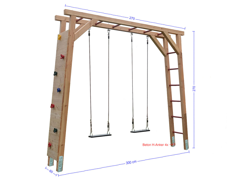 Spielturm Nils-1B-D Kinderschaukel mit Kletterwand und Masse