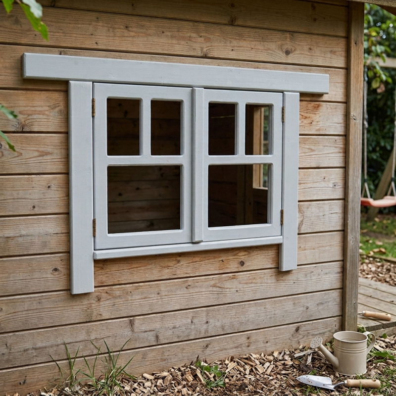 Montiertes Sprossen-Fenster FS2 aus nordischer Fichte an der Fassade eines Kinderspielhauses