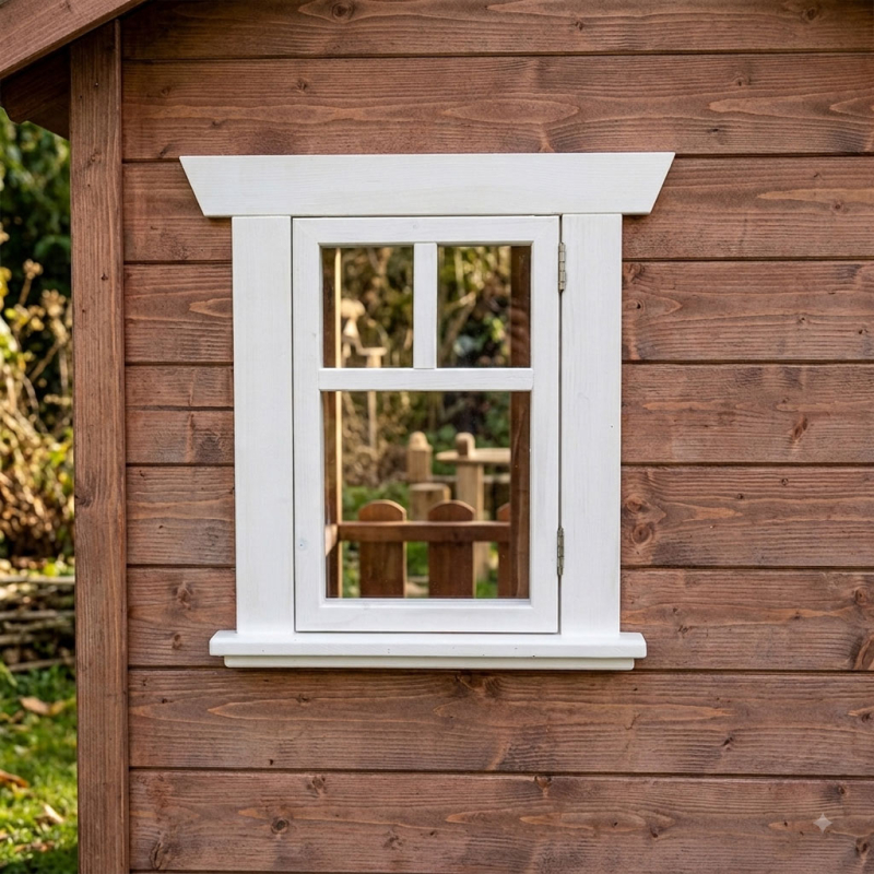 Weißes KASO Sprossen-Fenster FS3 eingebaut in einer braunen Holzfassade eines Kinderspielhauses