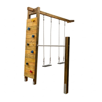 KASO Kletterwand-Schaukel-Reck-Anbau KSR1-2 aus Holz mit Klettersteinen, Schaukelsitzen und Reckstange auf weißem Hintergrund