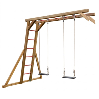 KASO Schaukel-Kletter-Anbau SK2-2 aus massivem Holz: Freistehender Anbau mit A-Frame-Leiter, Reckstangen-Verbindung und zwei Schaukelplätzen, isoliert auf weißem Hintergrund.