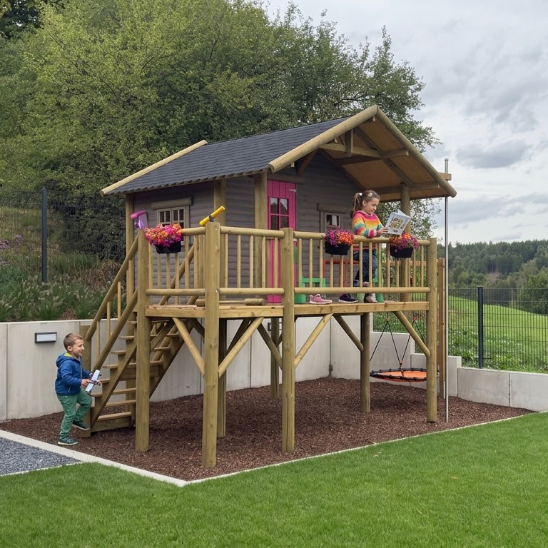 KASO Rundstamm Stelzenhaus Hansson XXL aus Nadelholz mit überdachter Veranda, Anbau-Treppe, Kletterschaukel und rotem Holzfenster im Garten.