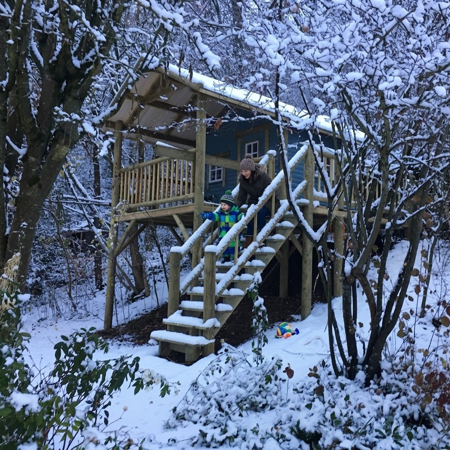 Rundstamm-Stelzenhaus Hansson XXL von KASO im verschneiten Garten mit Mutter und Kind auf der Holztreppe