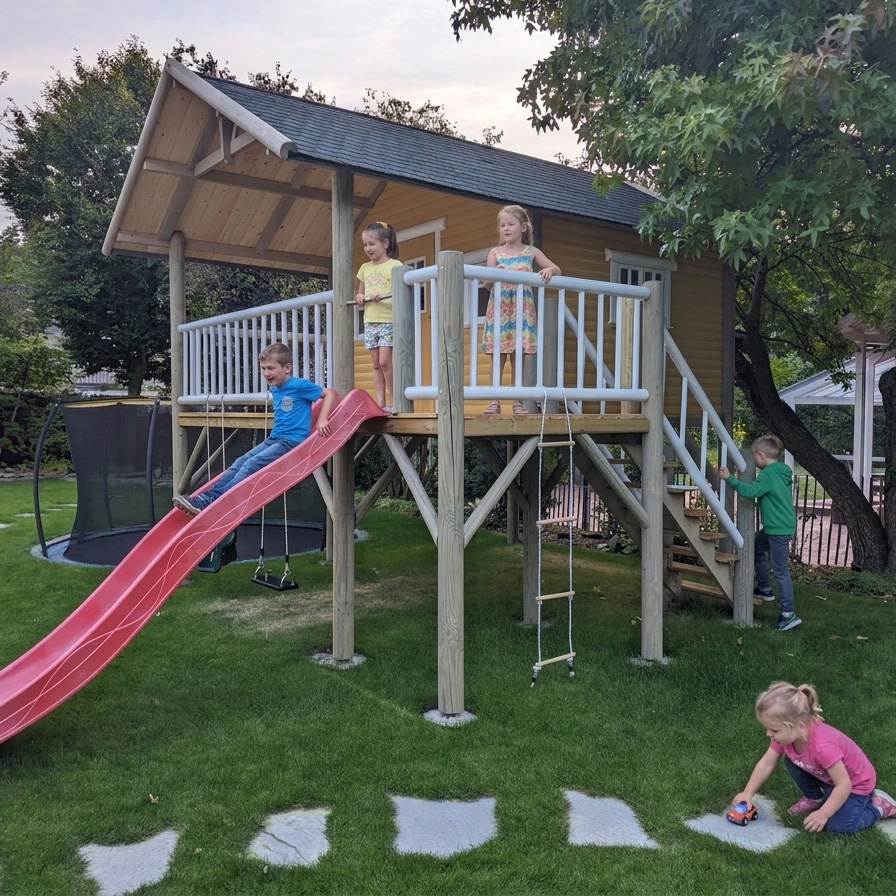 KASO Rundstamm Stelzenhaus Hansson XXXL-A1 im Garten mit gelbem Holzhaus, rote Rutsche, Schaukel, Strickleiter und spielenden Kindern.