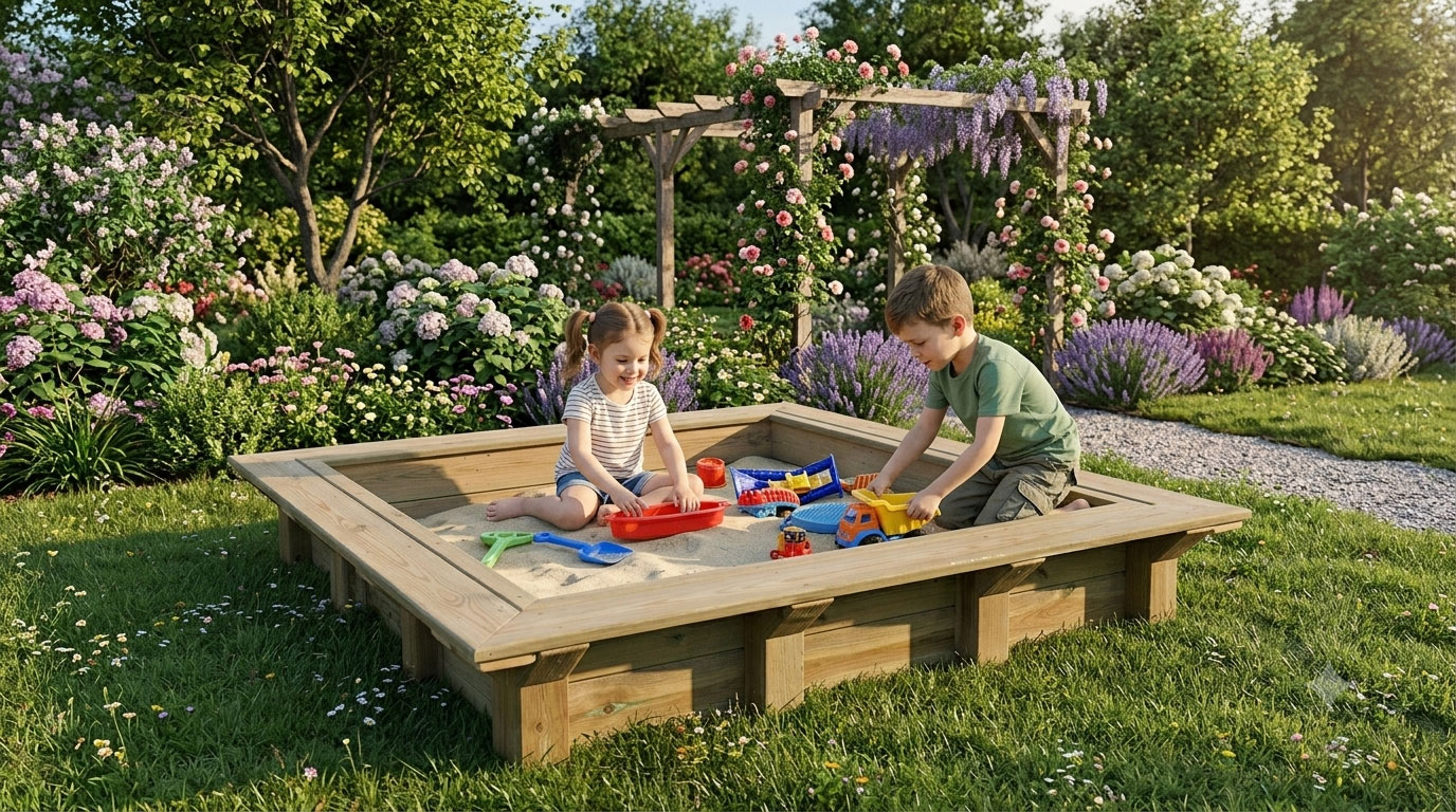 Kinder spielen im Holz-Sandkasten im Garten