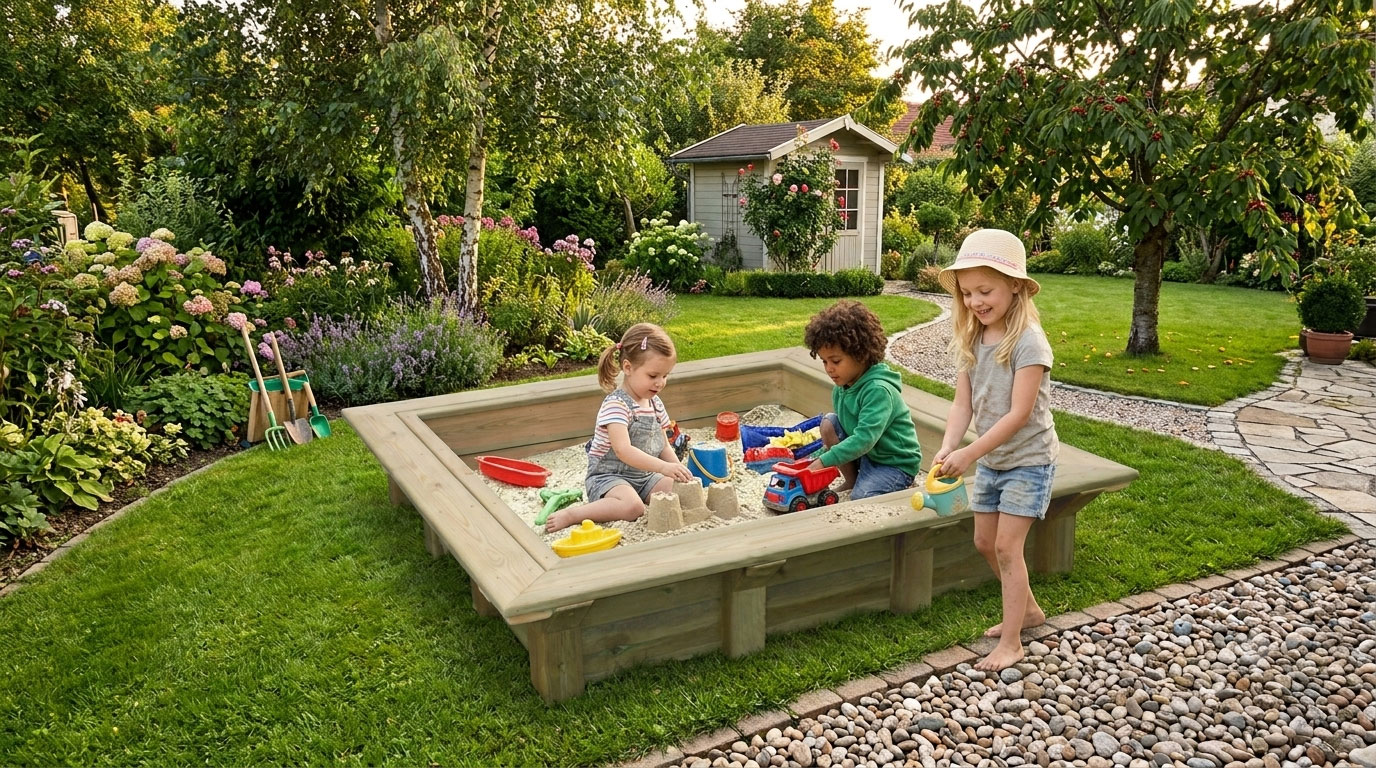 Kinder spielen mit Formen im Holz-Sandkasten SK-1 200x200 cm im Garten